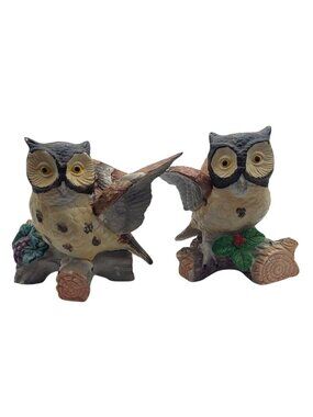 Vintage Homeco Porcelain Owl Figurines On Branches with Holly & Grapes Set Of 2